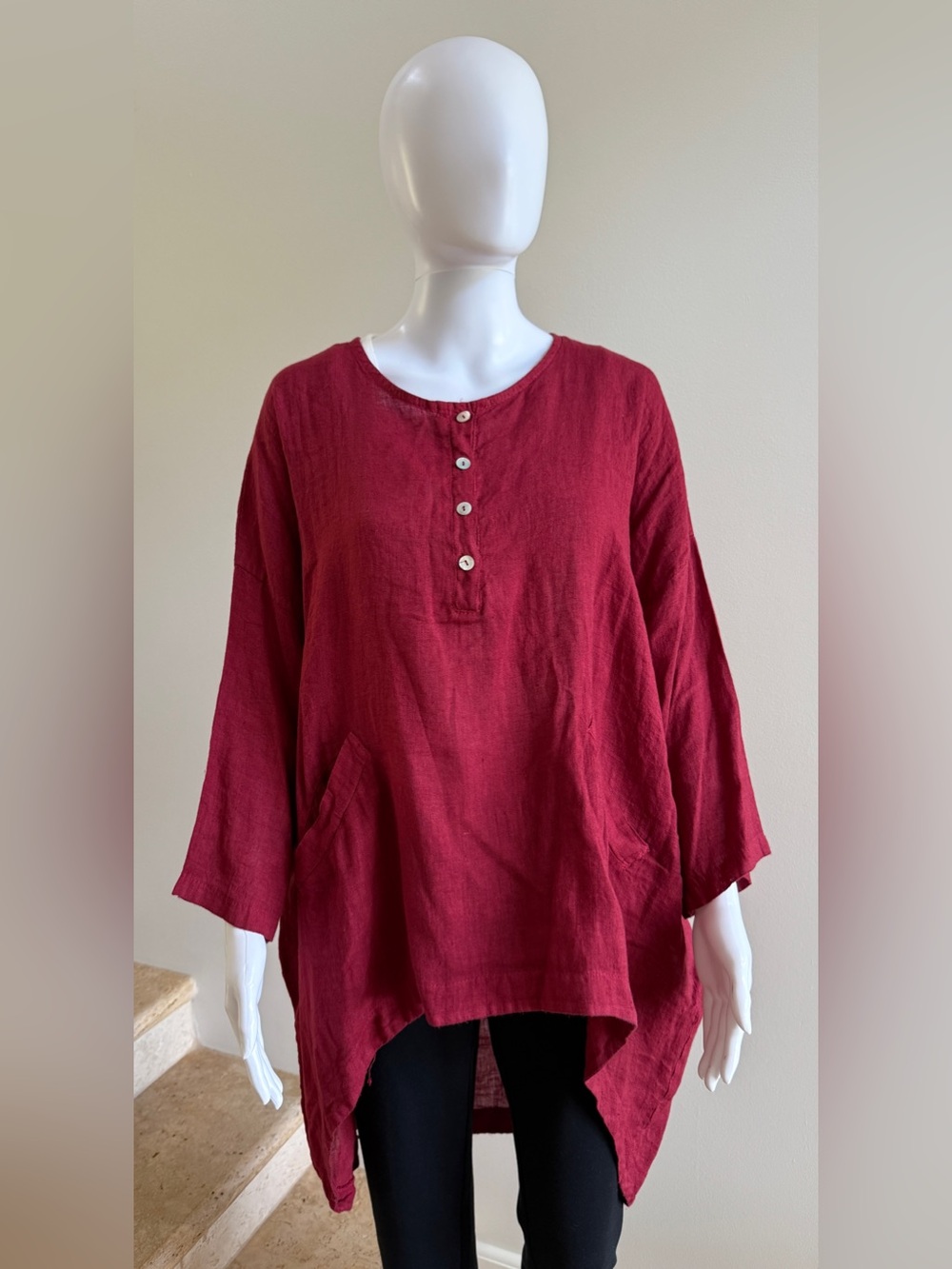 DEVITALIA Linen Top Blouse Tunic One Size, Red
